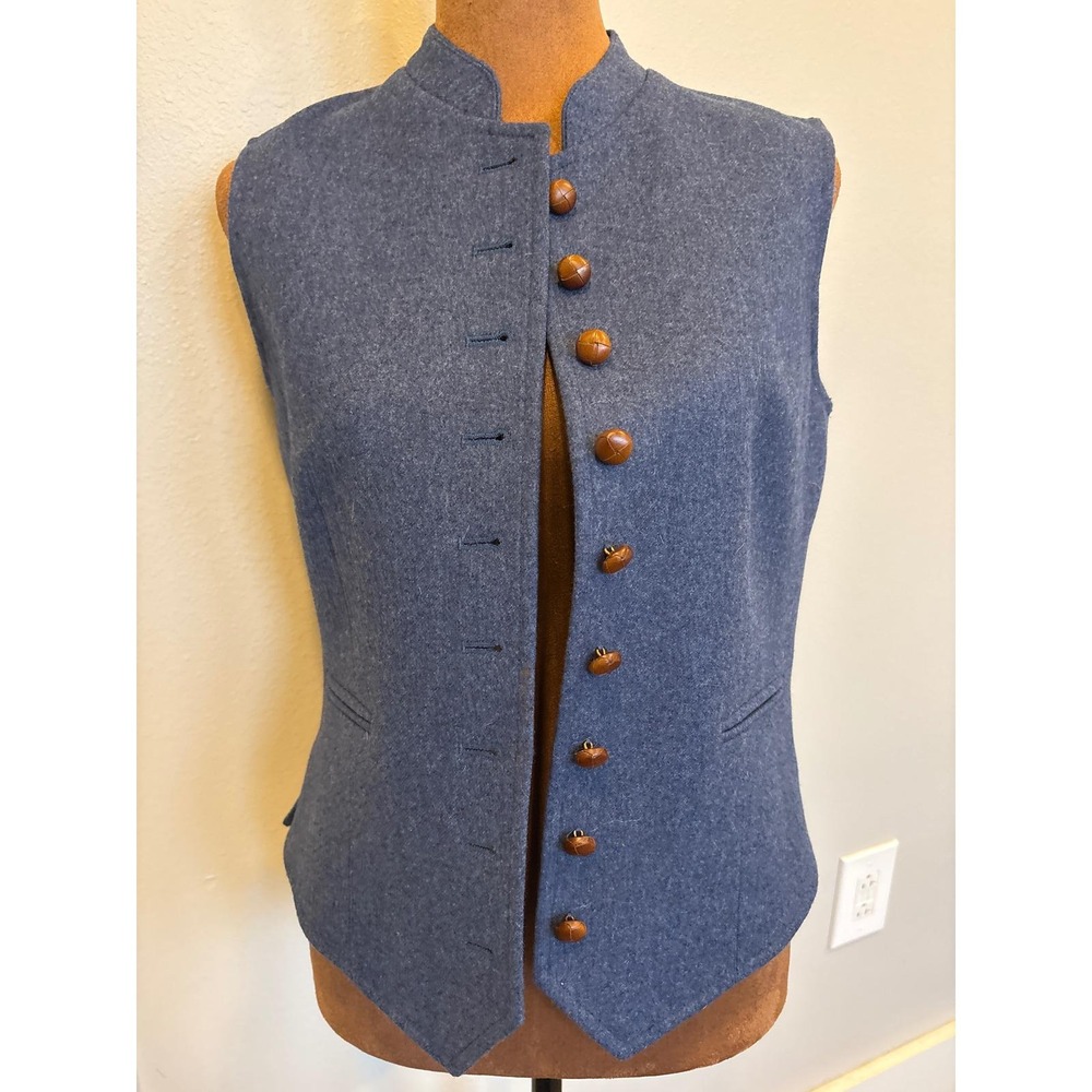 Susanne Spatt Blue Wool‎ Vest Mandarin Collar Button Front Size 36 NWT